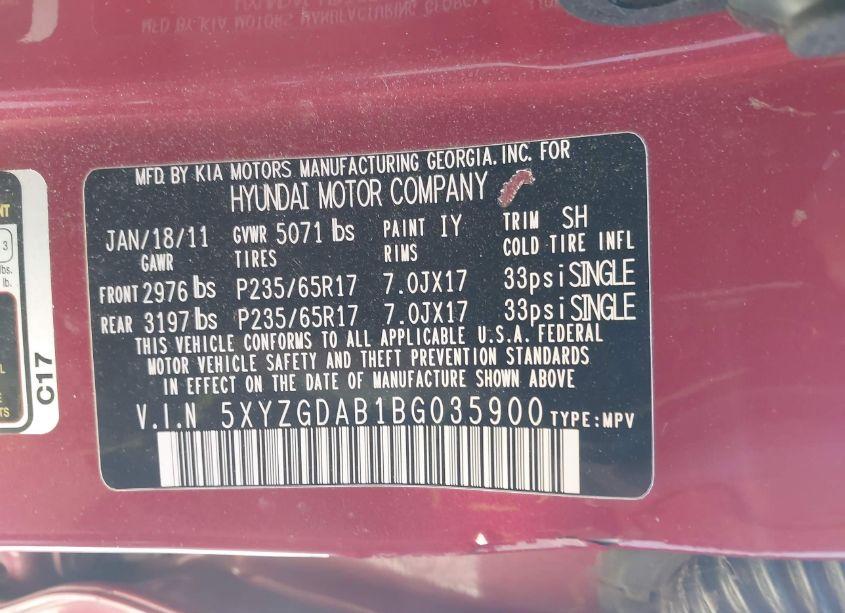 Photo 9 of 2011 Hyundai Santa FE GLS (VIN 5XYZGDAB1BG035900)