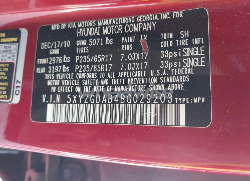 Photo 9 of 2011 Hyundai Santa FE GLS (VIN 5XYZGDAB4BG029203)
