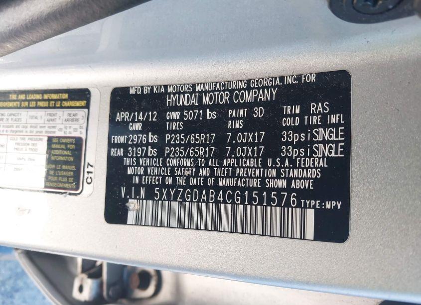 Photo 9 of 2012 Hyundai Santa FE GLS (VIN 5XYZGDAB4CG151576)