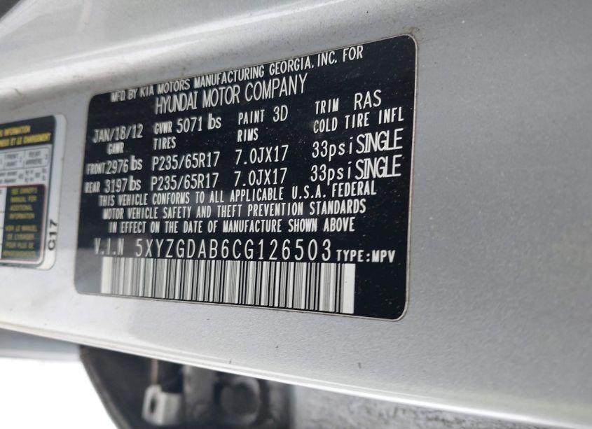 Photo 9 of 2012 Hyundai Santa FE GLS (VIN 5XYZGDAB6CG126503)