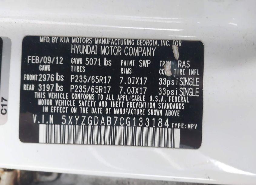 Photo 9 of 2012 Hyundai Santa FE GLS (VIN 5XYZGDAB7CG133184)