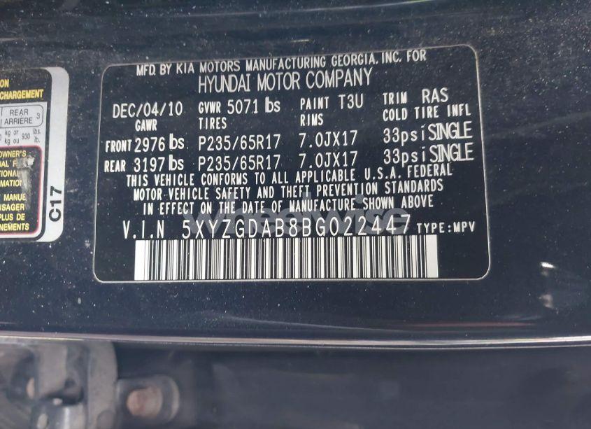 Photo 9 of 2011 Hyundai Santa FE GLS (VIN 5XYZGDAB8BG022447)