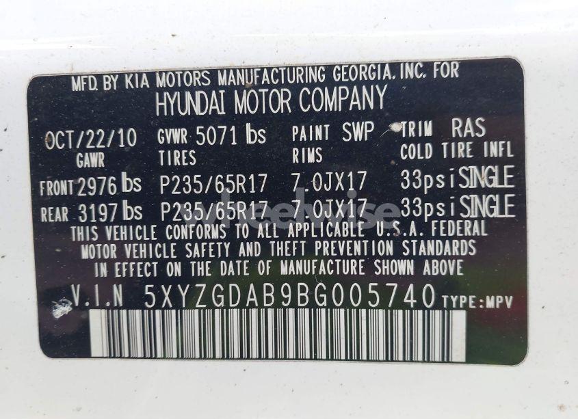 Photo 9 of 2011 Hyundai Santa FE GLS (VIN 5XYZGDAB9BG005740)