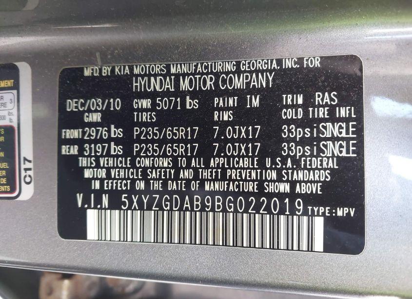 Photo 9 of 2011 Hyundai Santa FE GLS (VIN 5XYZGDAB9BG022019)