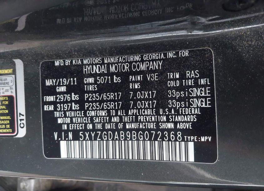 Photo 9 of 2011 Hyundai Santa FE GLS (VIN 5XYZGDAB9BG072368)