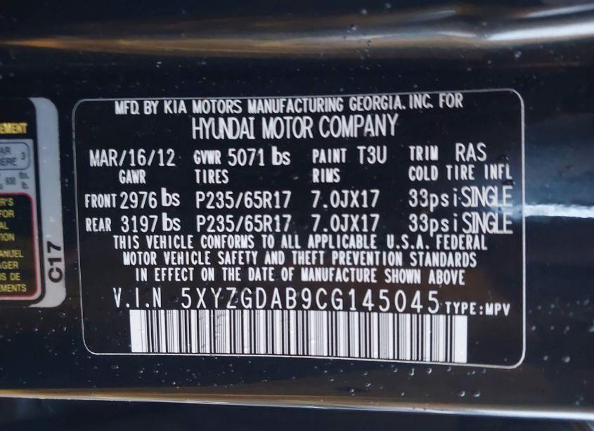 Photo 9 of 2012 Hyundai Santa FE GLS (VIN 5XYZGDAB9CG145045)