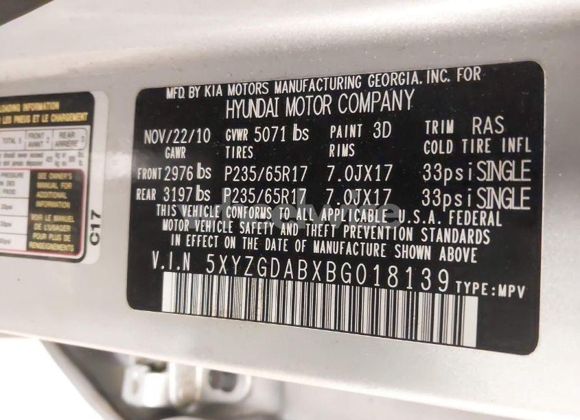 Photo 9 of 2011 Hyundai Santa FE GLS (VIN 5XYZGDABXBG018139)