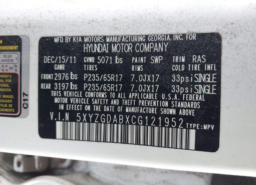 Photo 9 of 2012 Hyundai Santa FE GLS (VIN 5XYZGDABXCG121952)