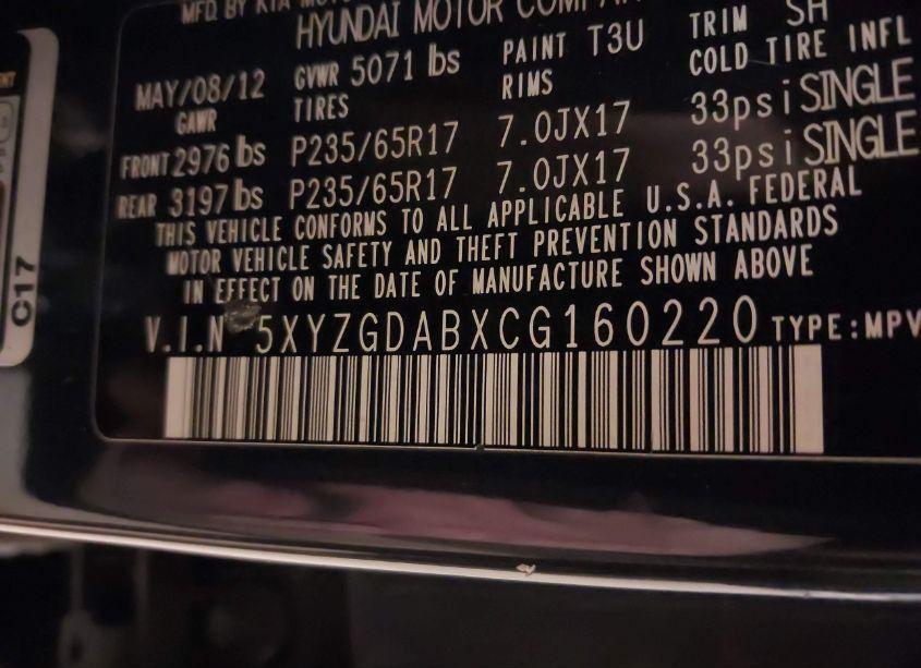 Photo 9 of 2012 Hyundai Santa FE GLS (VIN 5XYZGDABXCG160220)