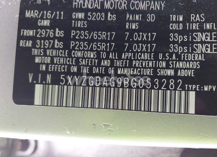 Photo 9 of 2011 Hyundai Santa FE GLS V6 (VIN 5XYZGDAG9BG053282)