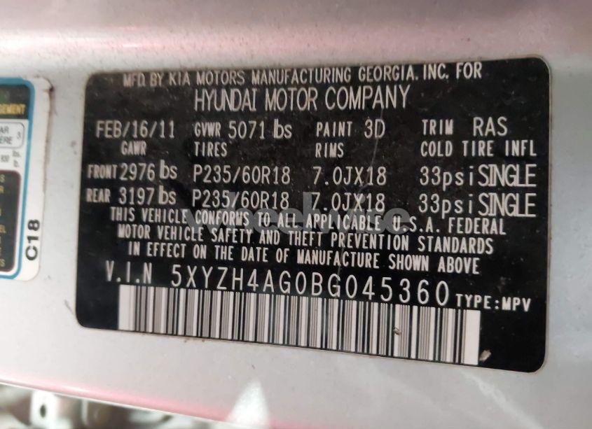 Photo 9 of 2011 Hyundai Santa FE SE (VIN 5XYZH4AG0BG045360)