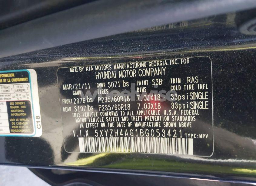 Photo 9 of 2011 Hyundai Santa FE SE (VIN 5XYZH4AG1BG053421)