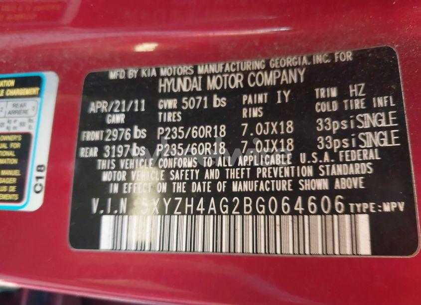 Photo 9 of 2011 Hyundai Santa FE SE (VIN 5XYZH4AG2BG064606)