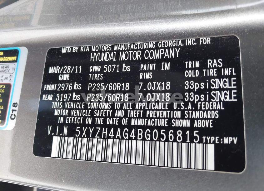 Photo 9 of 2011 Hyundai Santa FE SE (VIN 5XYZH4AG4BG056815)