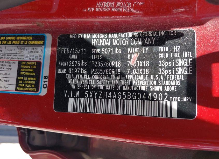 Photo 9 of 2011 Hyundai Santa FE SE (VIN 5XYZH4AG5BG044902)