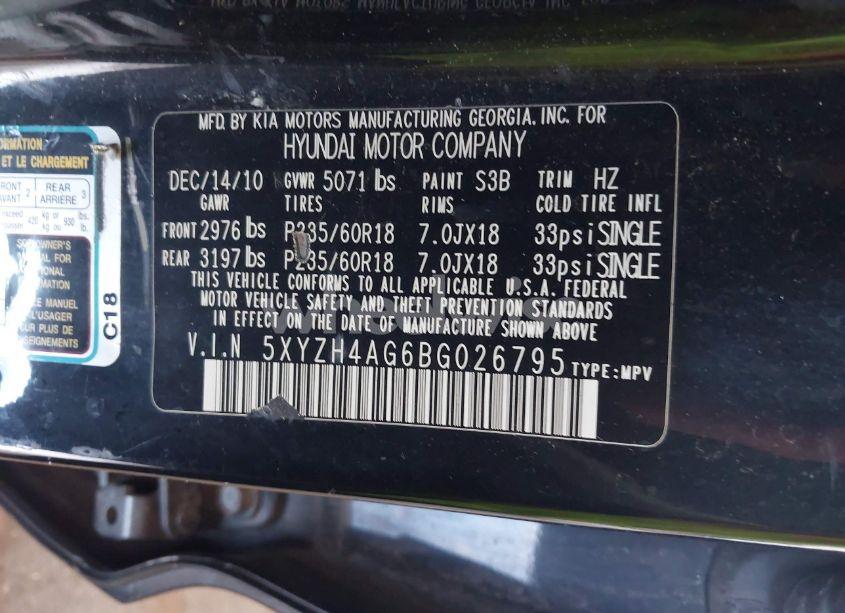 Photo 9 of 2011 Hyundai Santa FE SE (VIN 5XYZH4AG6BG026795)