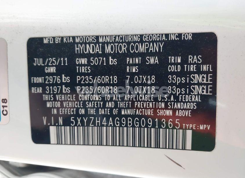 Photo 9 of 2011 Hyundai Santa FE SE (VIN 5XYZH4AG9BG091365)