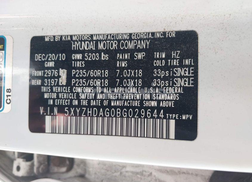 Photo 9 of 2011 Hyundai Santa FE SE (VIN 5XYZHDAG0BG029644)