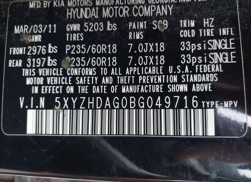 Photo 9 of 2011 Hyundai Santa FE SE (VIN 5XYZHDAG0BG049716)