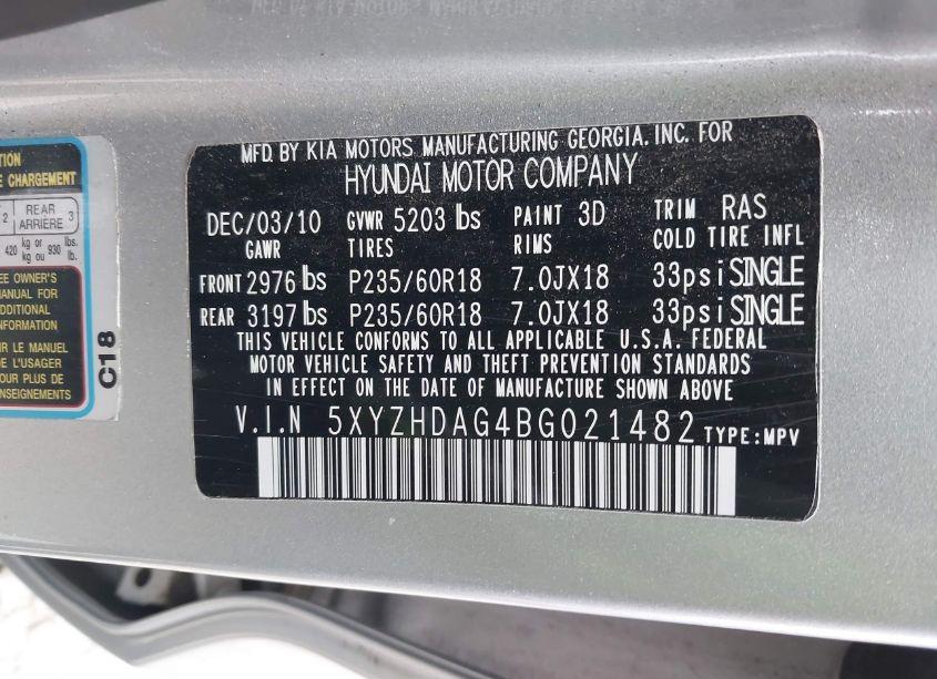 Photo 9 of 2011 Hyundai Santa FE SE (VIN 5XYZHDAG4BG021482)