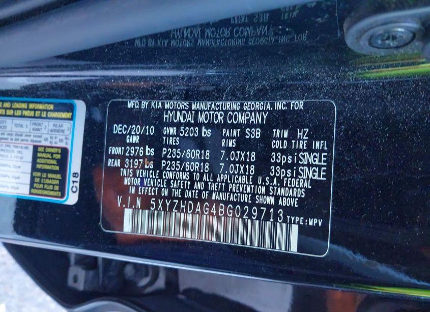 Photo 9 of 2011 Hyundai Santa FE SE (VIN 5XYZHDAG4BG029713)