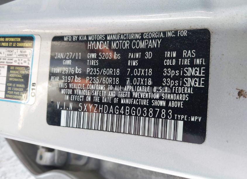 Photo 9 of 2011 Hyundai Santa FE SE (VIN 5XYZHDAG4BG038783)