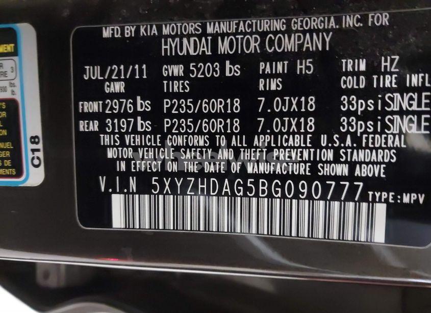 Photo 9 of 2011 Hyundai Santa FE SE (VIN 5XYZHDAG5BG090777)