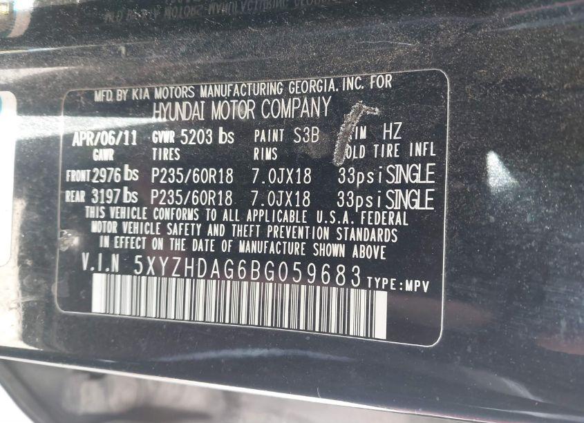 Photo 9 of 2011 Hyundai Santa FE SE (VIN 5XYZHDAG6BG059683)