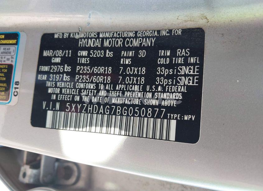 Photo 9 of 2011 Hyundai Santa FE SE (VIN 5XYZHDAG7BG050877)