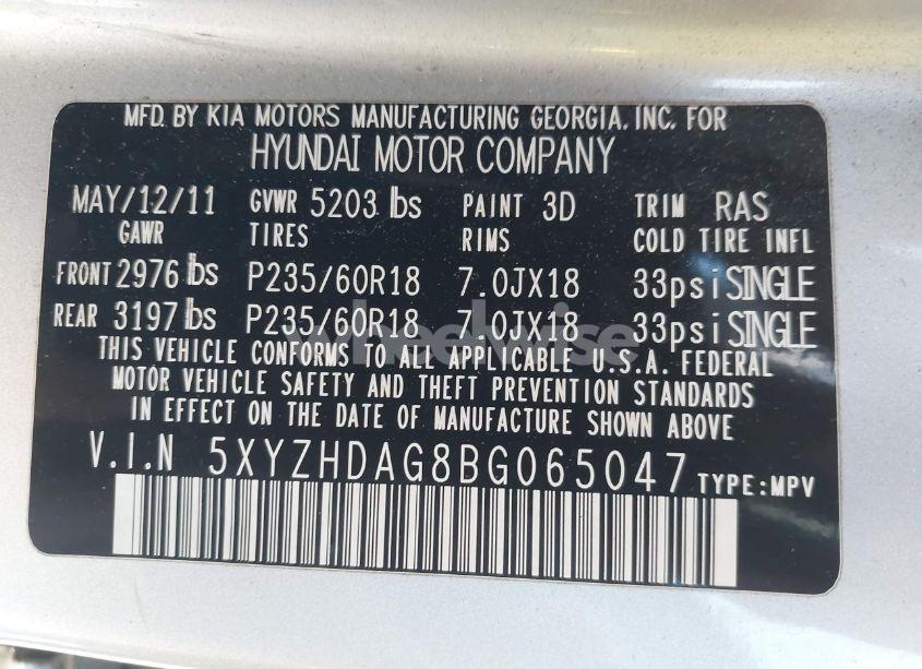 Photo 9 of 2011 Hyundai Santa FE SE (VIN 5XYZHDAG8BG065047)