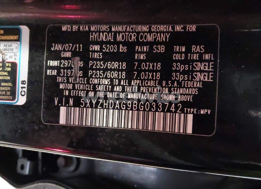 Photo 9 of 2011 Hyundai Santa FE SE (VIN 5XYZHDAG9BG033742)