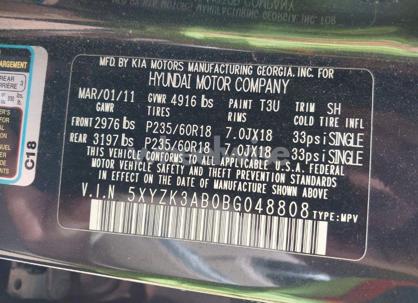 Photo 9 of 2011 Hyundai Santa FE LIMITED (VIN 5XYZK3AB0BG048808)