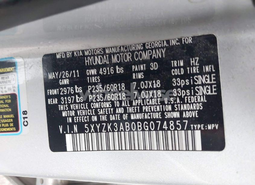 Photo 9 of 2011 Hyundai Santa FE LIMITED (VIN 5XYZK3AB0BG074857)