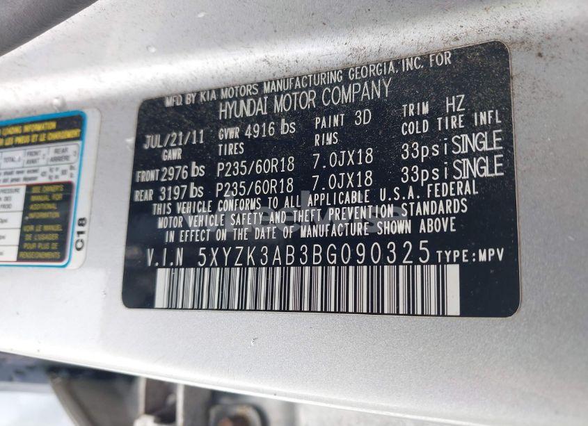 Photo 9 of 2011 Hyundai Santa FE LIMITED (VIN 5XYZK3AB3BG090325)