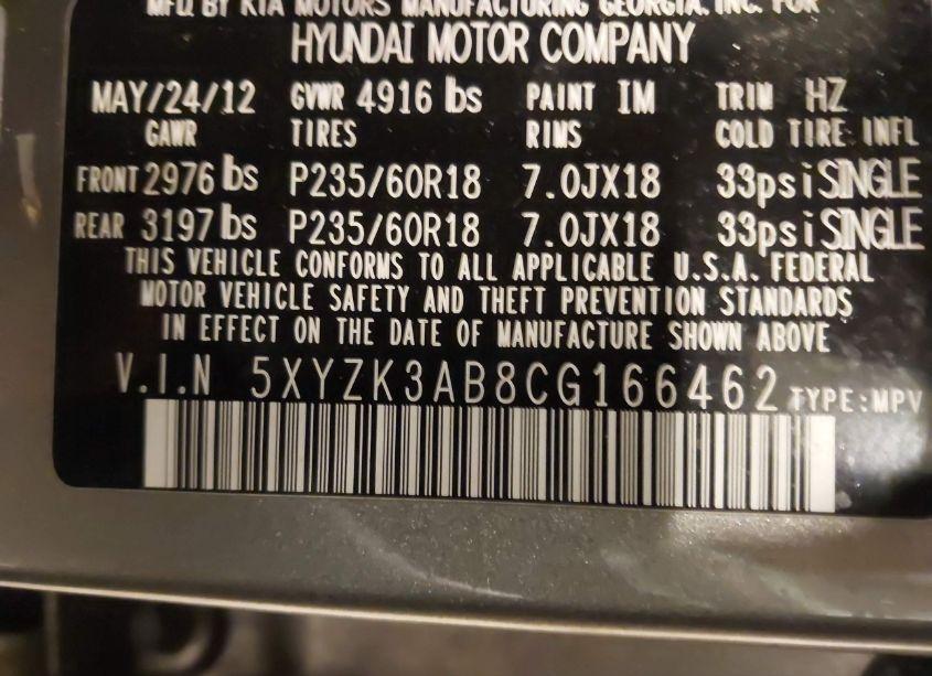 Photo 9 of 2012 Hyundai Santa FE LIMITED (VIN 5XYZK3AB8CG166462)