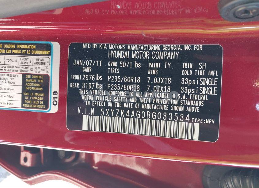 Photo 9 of 2011 Hyundai Santa FE LIMITED V6 (VIN 5XYZK4AG0BG033534)