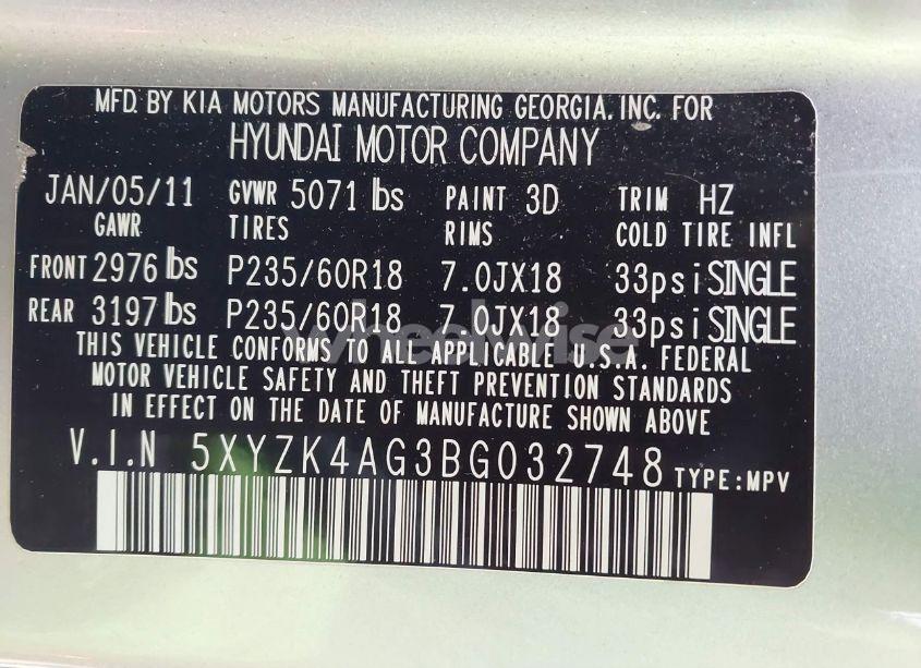 Photo 9 of 2011 Hyundai Santa FE LIMITED V6 (VIN 5XYZK4AG3BG032748)