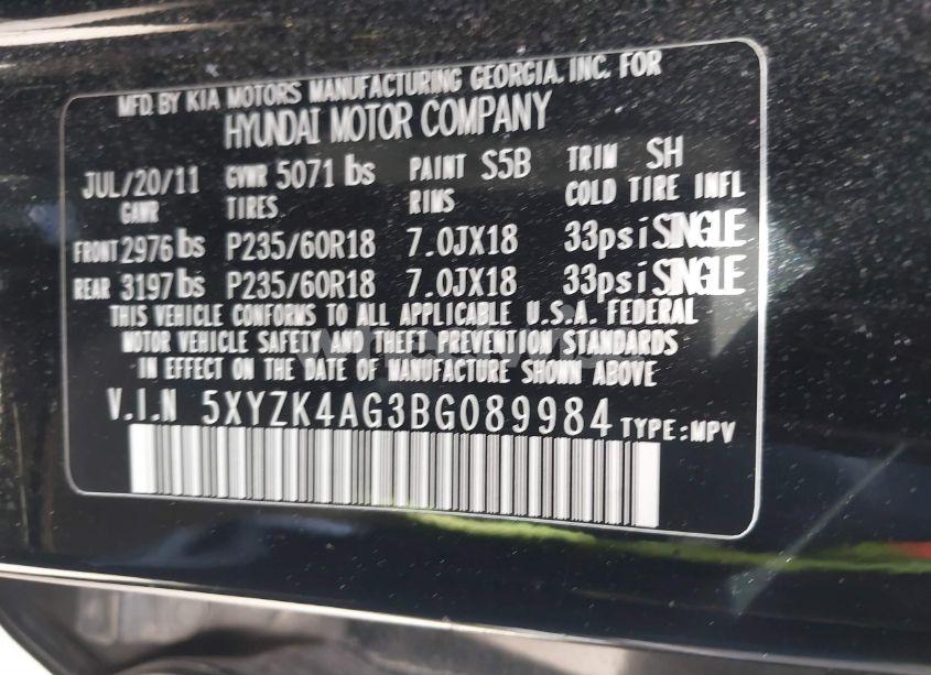 Photo 9 of 2011 Hyundai Santa FE LIMITED V6 (VIN 5XYZK4AG3BG089984)