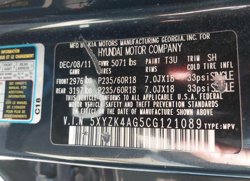 Photo 9 of 2012 Hyundai Santa FE LIMITED (VIN 5XYZK4AG5CG121089)