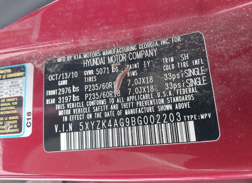 Photo 9 of 2011 Hyundai Santa FE LIMITED V6 (VIN 5XYZK4AG9BG002203)