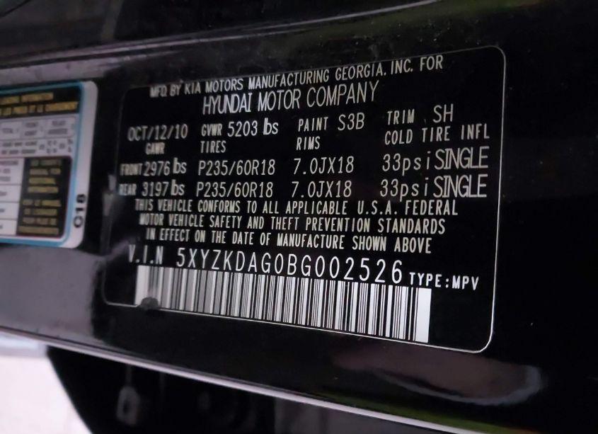 Photo 9 of 2011 Hyundai Santa FE LIMITED V6 (VIN 5XYZKDAG0BG002526)