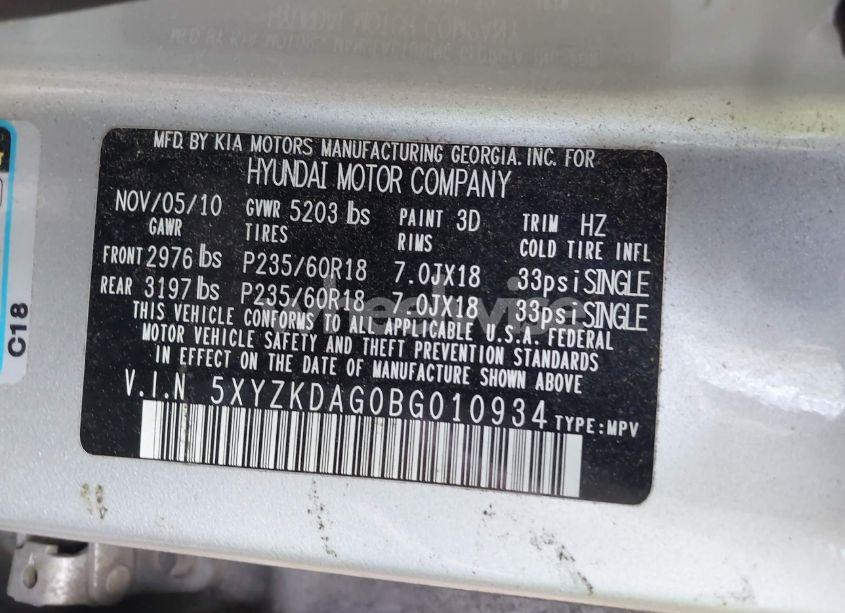 Photo 9 of 2011 Hyundai Santa FE LIMITED V6 (VIN 5XYZKDAG0BG010934)