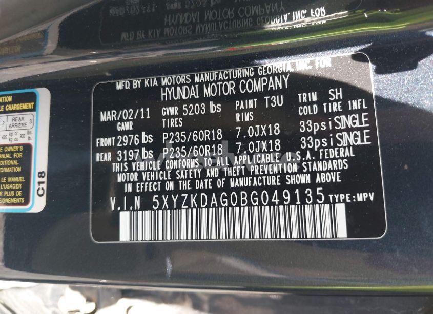 Photo 9 of 2011 Hyundai Santa FE LIMITED V6 (VIN 5XYZKDAG0BG049135)