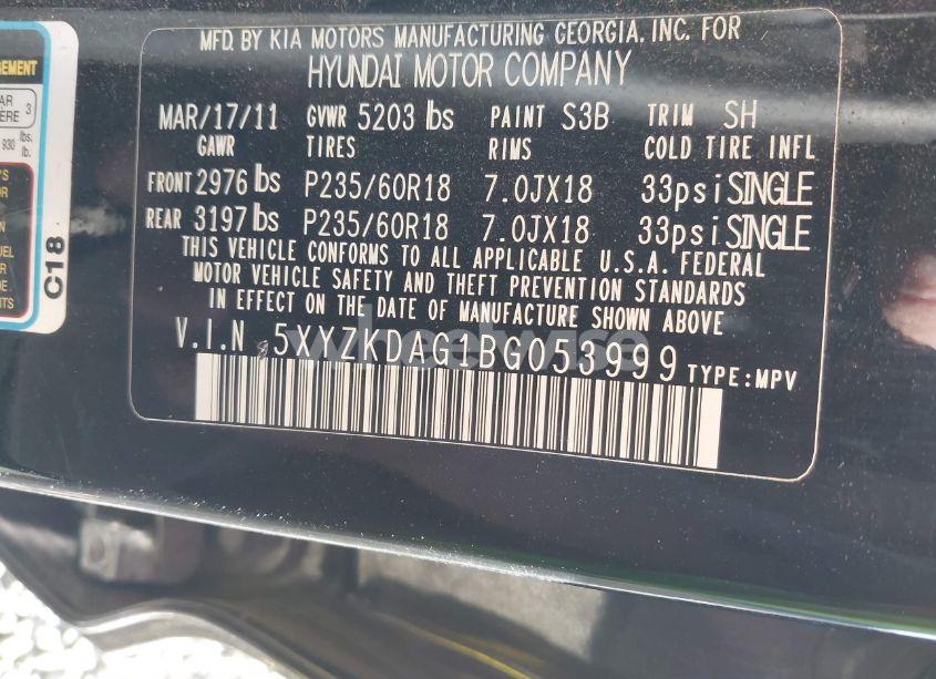 Photo 9 of 2011 Hyundai Santa FE LIMITED V6 (VIN 5XYZKDAG1BG053999)