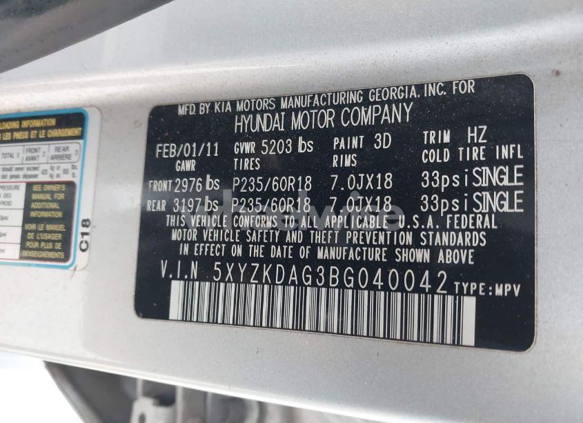 Photo 9 of 2011 Hyundai Santa FE LIMITED V6 (VIN 5XYZKDAG3BG040042)