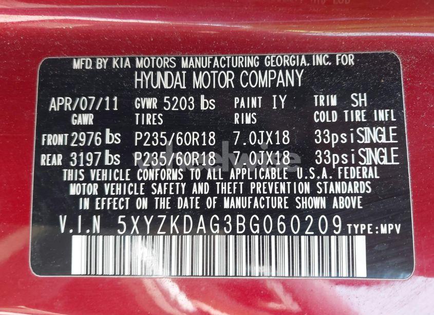 Photo 9 of 2011 Hyundai Santa FE LIMITED V6 (VIN 5XYZKDAG3BG060209)