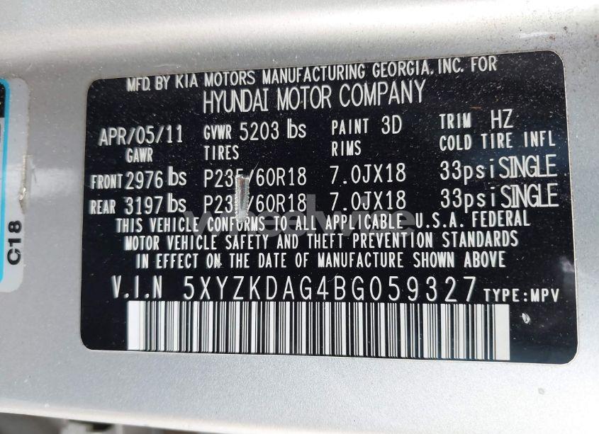 Photo 9 of 2011 Hyundai Santa FE LIMITED V6 (VIN 5XYZKDAG4BG059327)