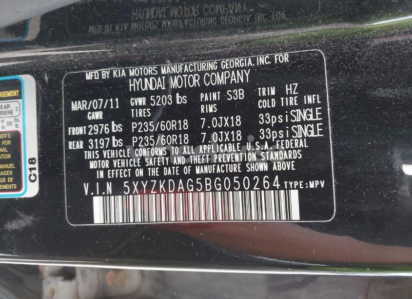 Photo 9 of 2011 Hyundai Santa FE LIMITED V6 (VIN 5XYZKDAG5BG050264)