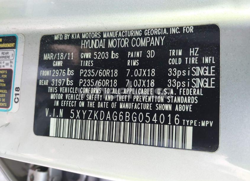 Photo 9 of 2011 Hyundai Santa FE LIMITED V6 (VIN 5XYZKDAG6BG054016)