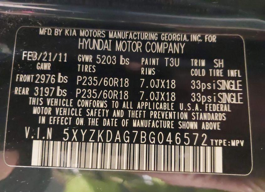 Photo 9 of 2011 Hyundai Santa FE LIMITED V6 (VIN 5XYZKDAG7BG046572)